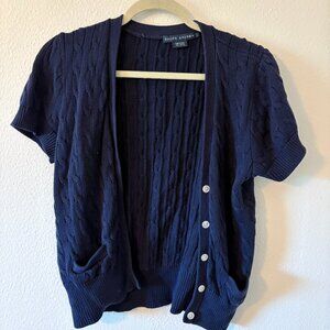 Ralph Lauren Navy Cable Knit Cardigan Short Sleeve Large Cotton